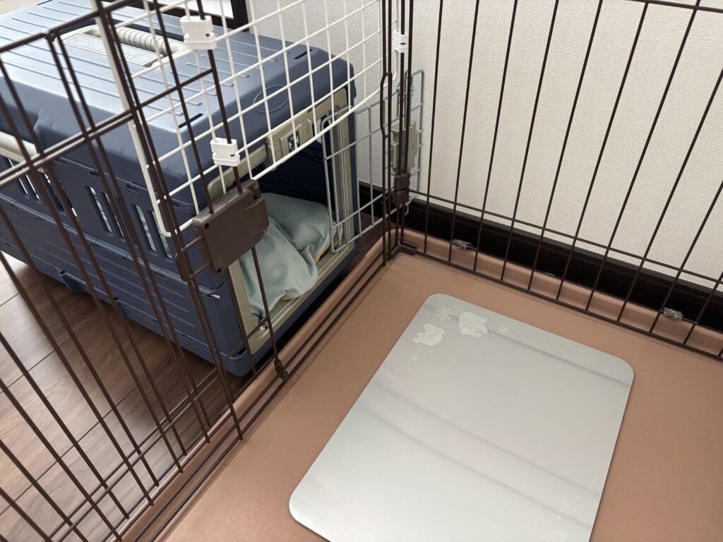 ひんやりクッションとプレートのある寝床の写真